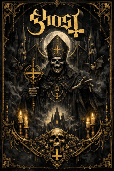 Ghost Donkere, gothic poster met een priesterfiguur, schedels en kaarsen, met het woord 'Ghost'.