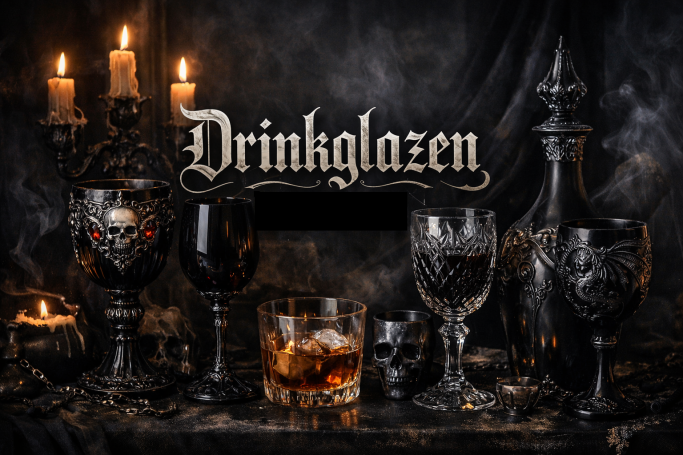 Drinkglazen Diverse drinkglazen op een tafel met kaarsen en een donkere achtergrond.